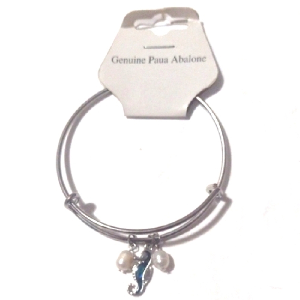 DARLENE SHELLS, INC. GENUINE PAUA ABALONE SEAHORSE BANGLE DANGLE BRACELET-NWT